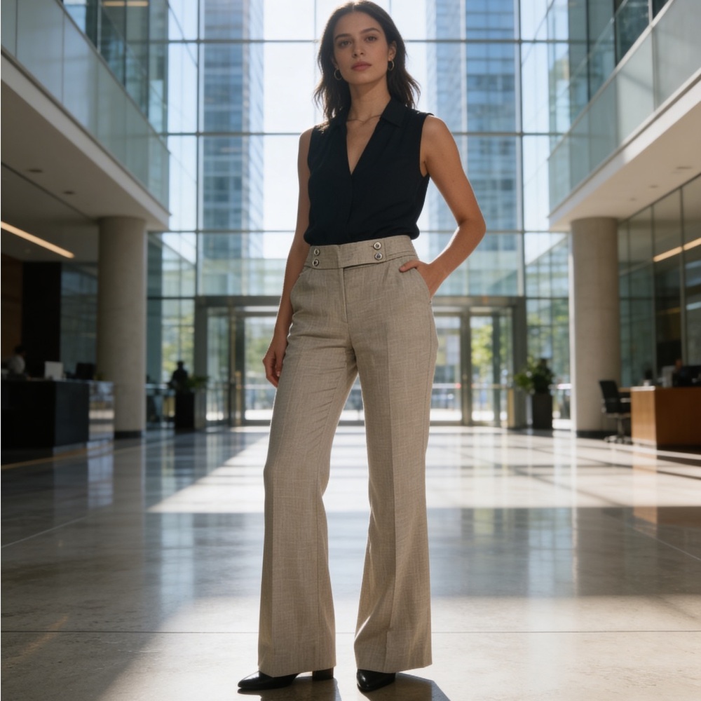 White House Black Market Black Sleeveless Top with Beige Wide-Leg Pants